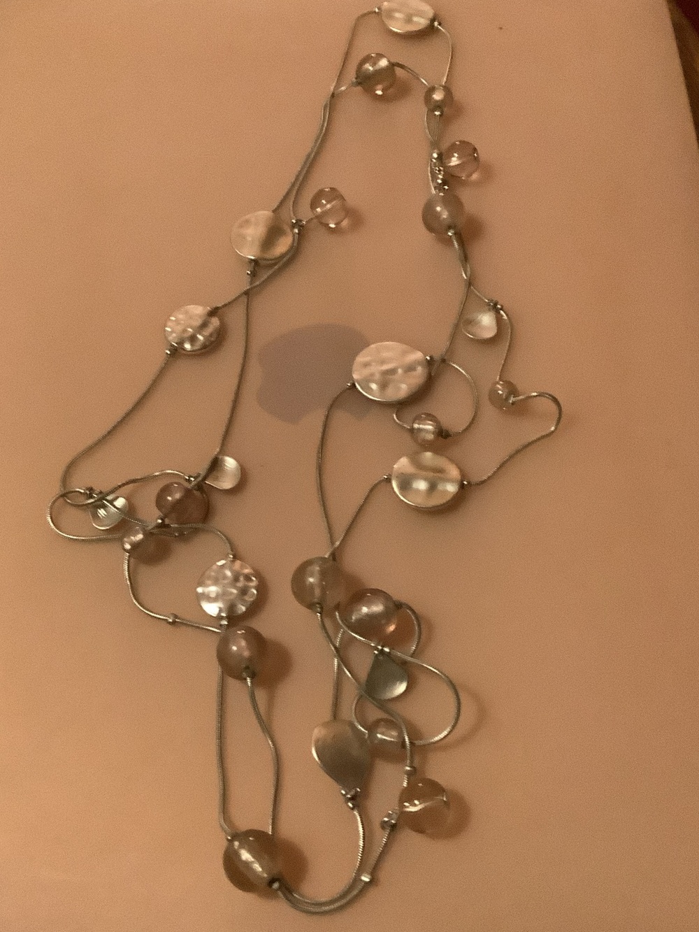 Elegant Multi-Bead Long Necklace - Silver and Taupe